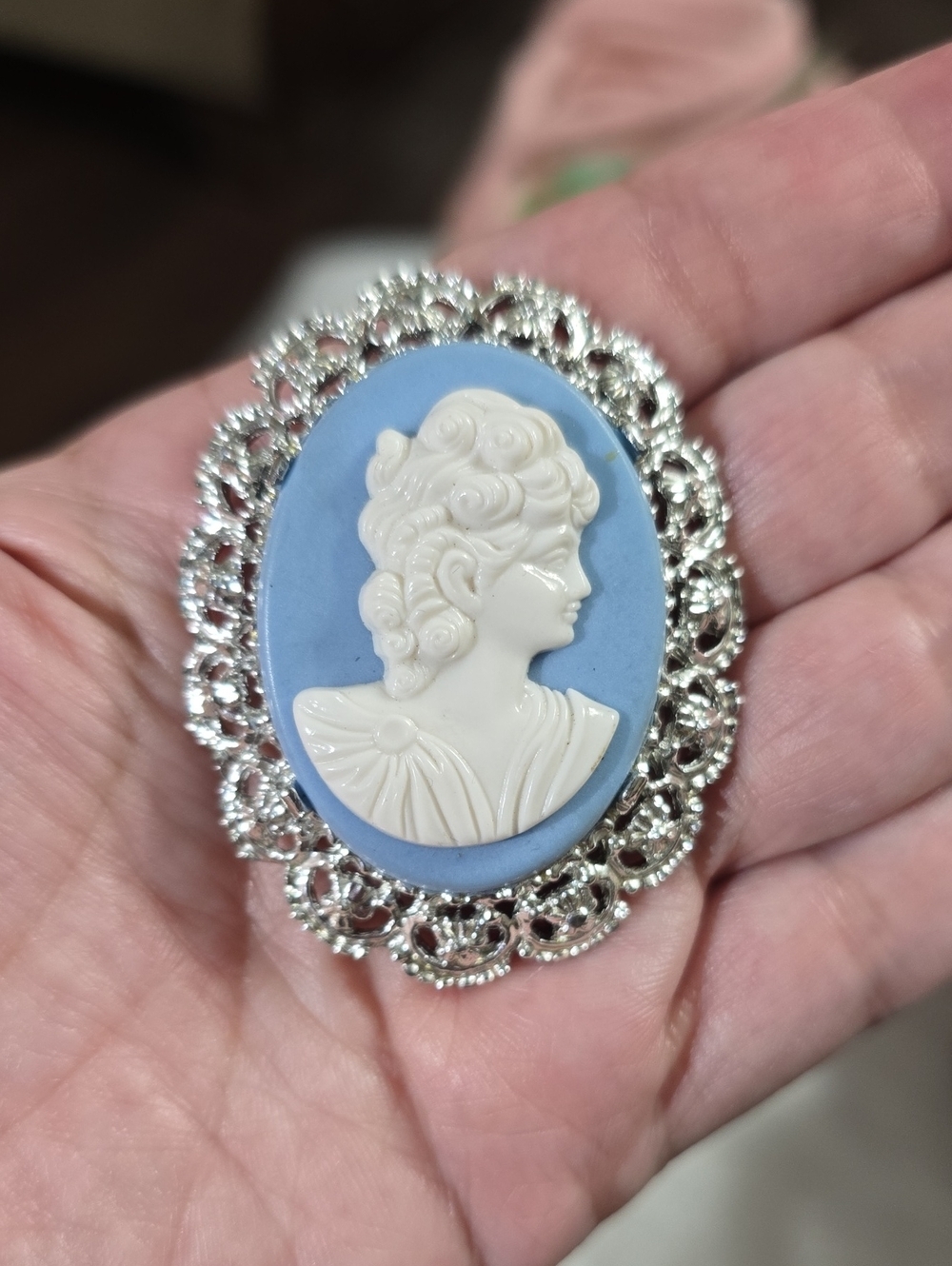 Cameo Blue & White Resin Brooch with Silver Tone Frame